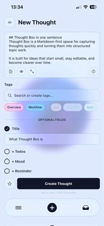 Thought Box entry view in light mode with a text field, tags, and optional fields.