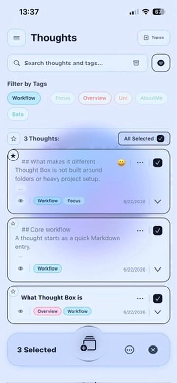 Thought Box inbox in light mode with selected thoughts and topic creation actions.