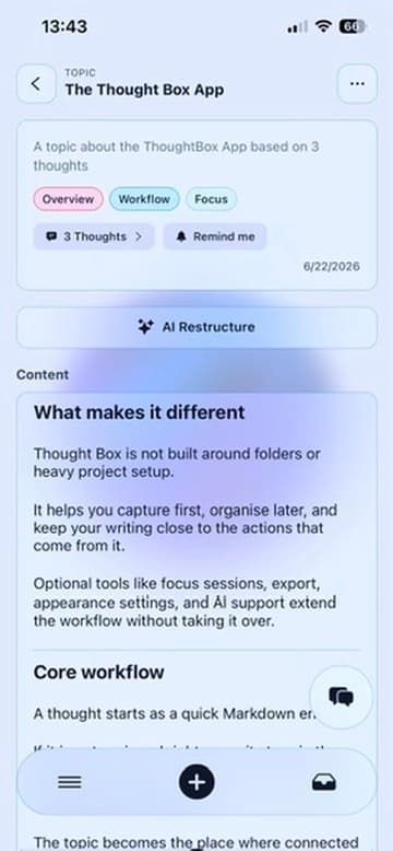 Thought Box topic view in light mode with grouped content and linked thoughts.